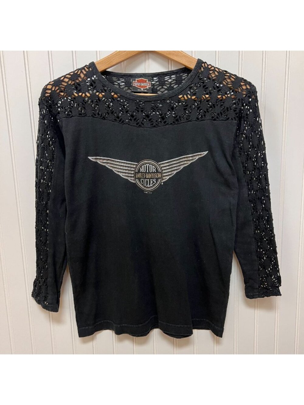Y2K 90s Harley-Davidson Seattle WA Babydoll Crocheted Top Black Long Sleeve Sz S
